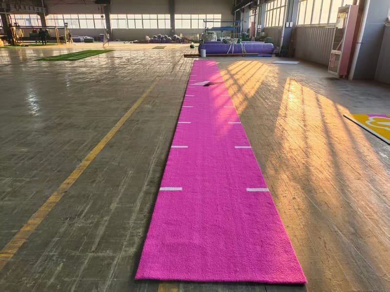 Custom colorful gym turf with white agility lines and numbering